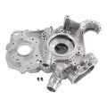 Engine timing cover, silver aluminum casting with circular housing and mounting holes