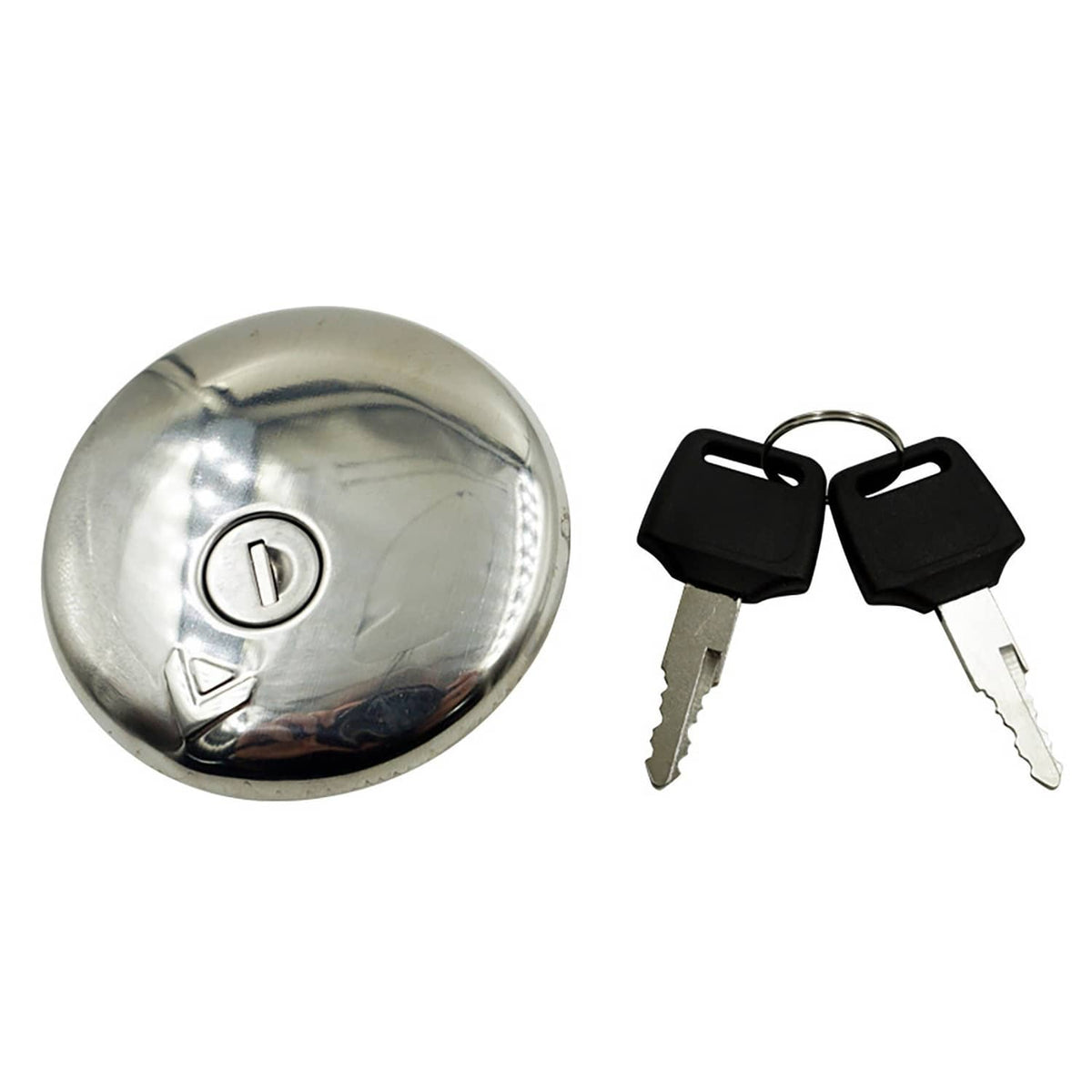 Silver metal fuel tank lock cap with black key switch and two keys