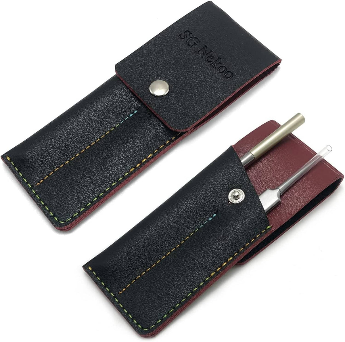 Black leather tool case with gold-tone tools, snap buttons, red lining, and stitching