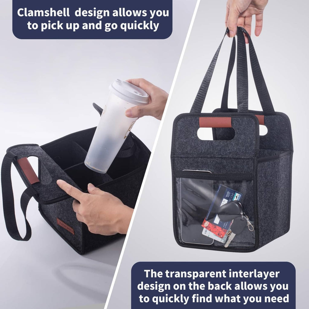 Dark gray drink carrier with clamshell top and front mesh pocket for accessories