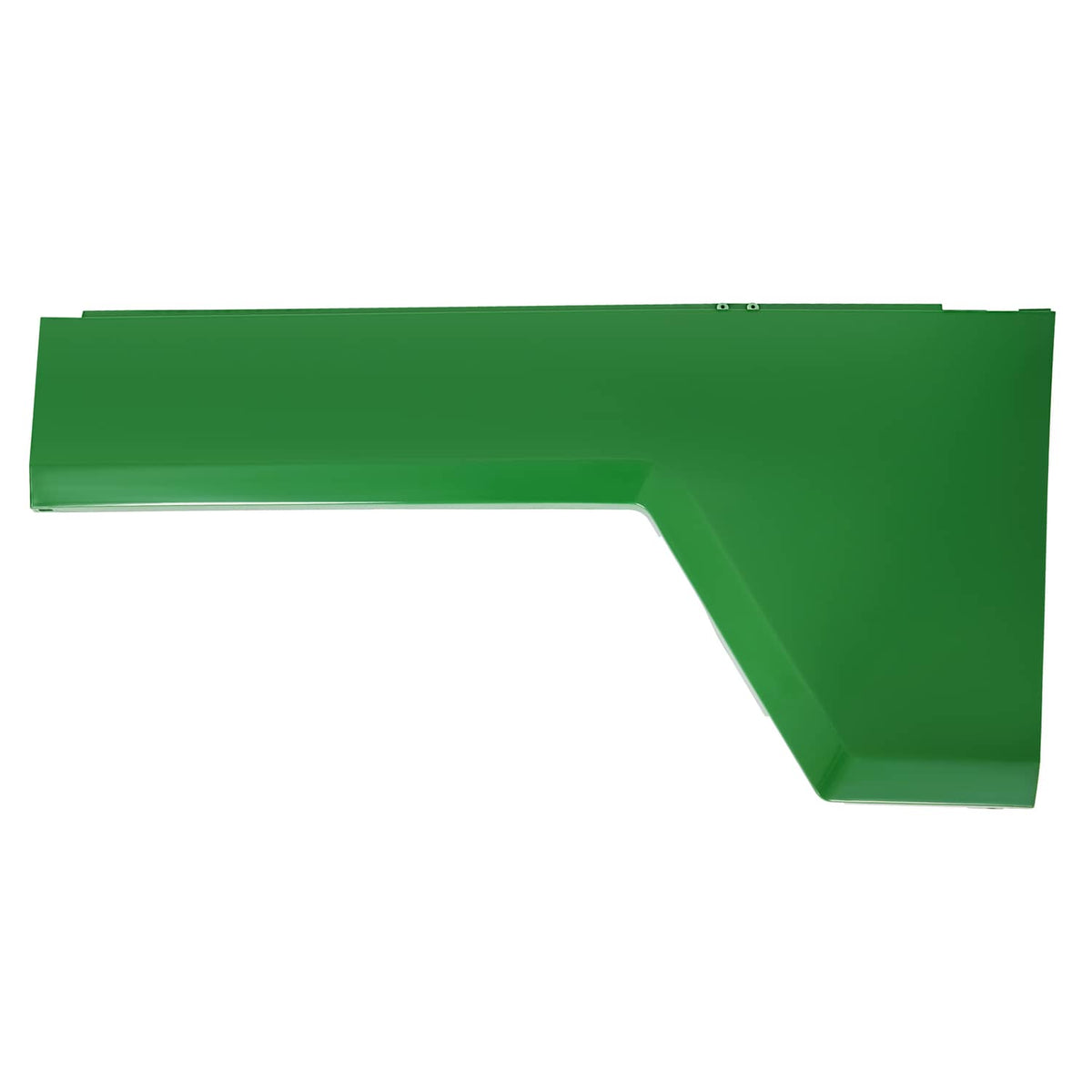 Right-hand steel hood side panel, green, long flat section with curved notch
