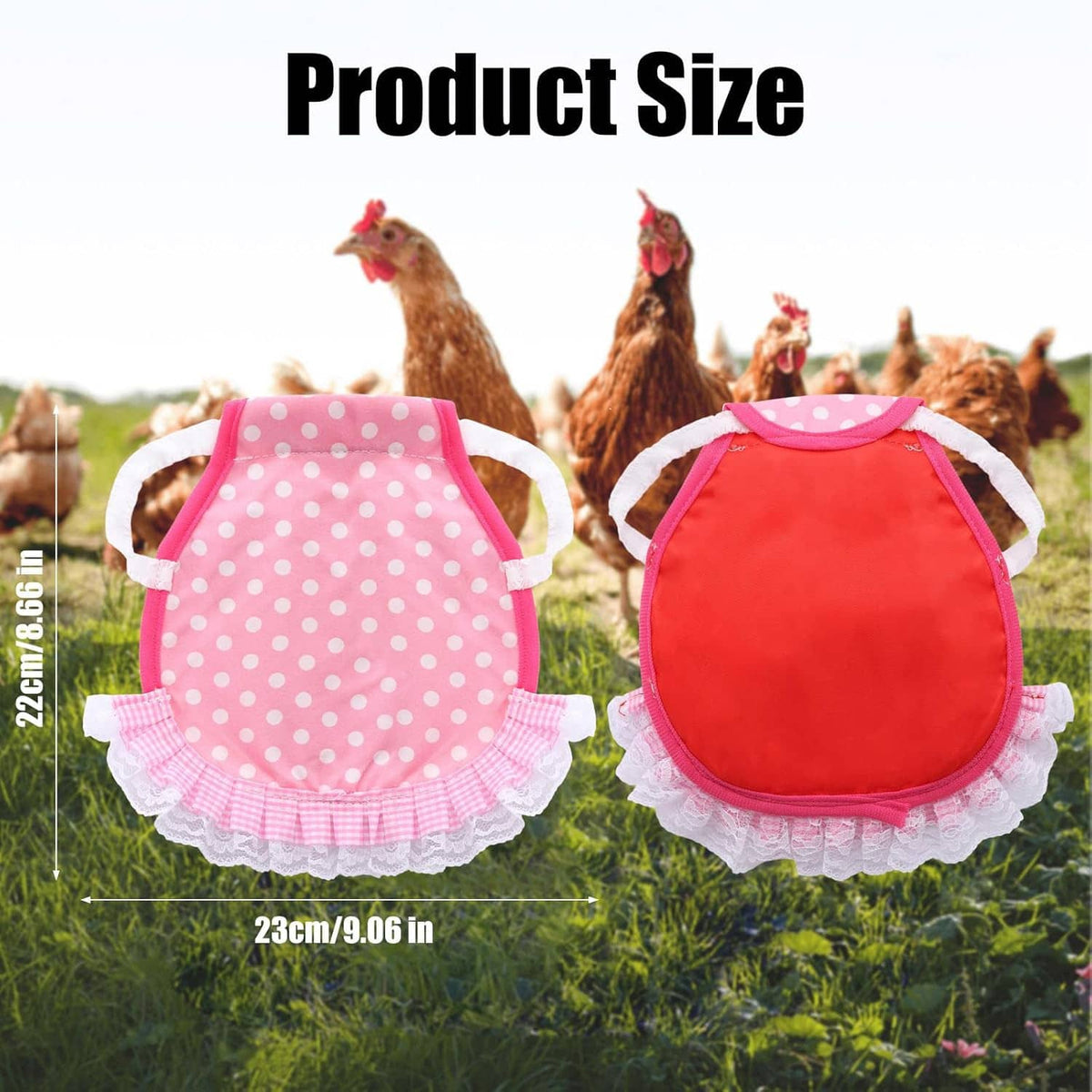 Pink and red chicken saddle aprons with white lace ruffle trim and wide back openings