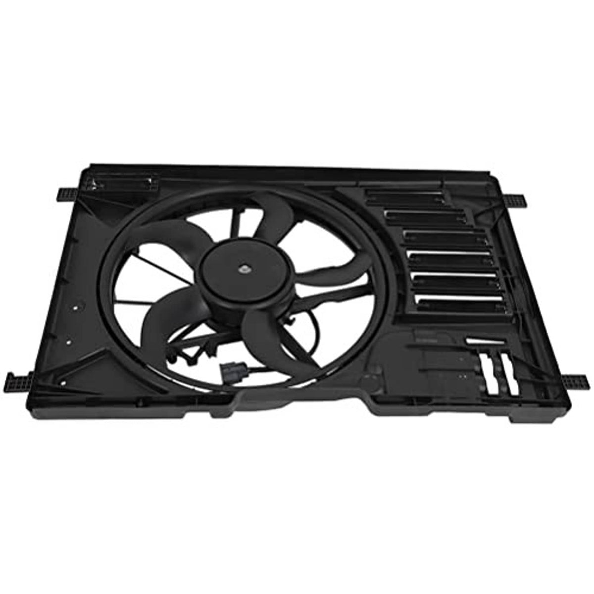 Black radiator fan assembly left side view with cooling fan and vent grille