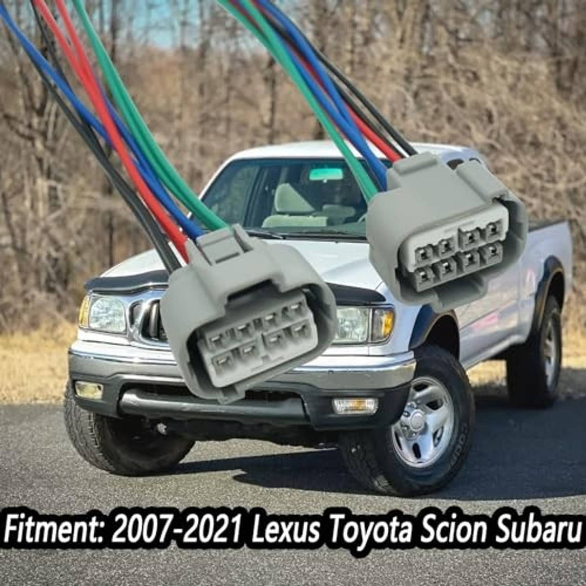 Pair of headlight connector wiring harness pigtails with gray multi-pin plugs and color cables