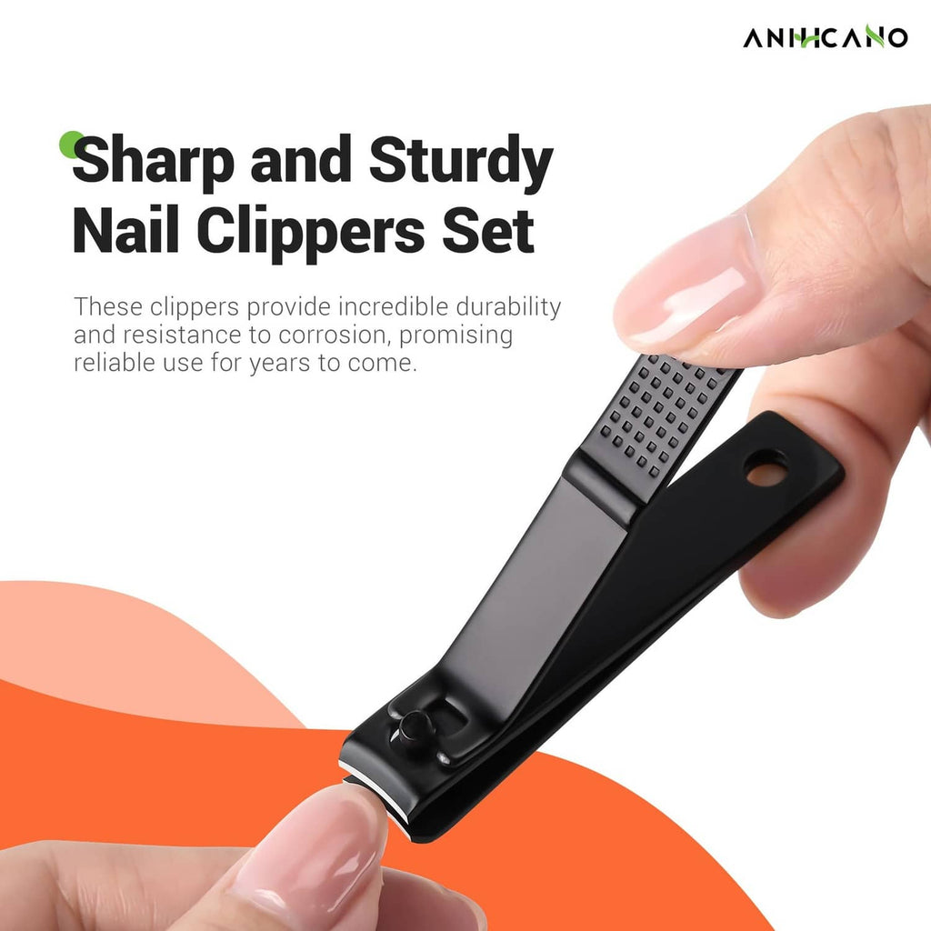 Black nail clipper held in hand, showing metal cutting edge and textured grip