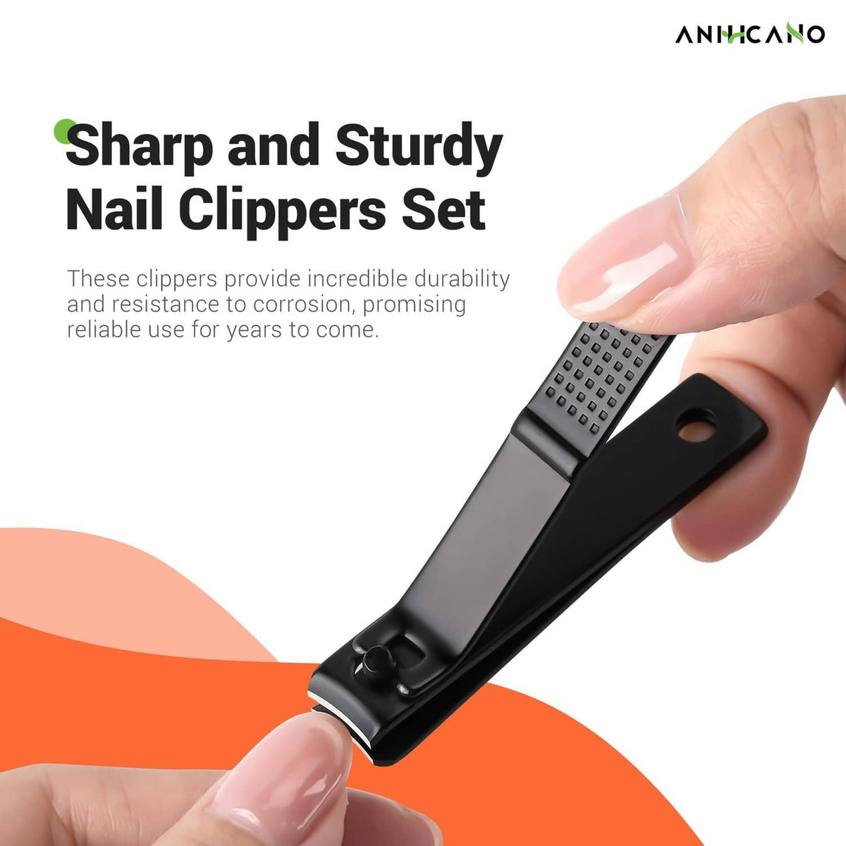 Black nail clipper held in hand, showing metal cutting edge and textured grip