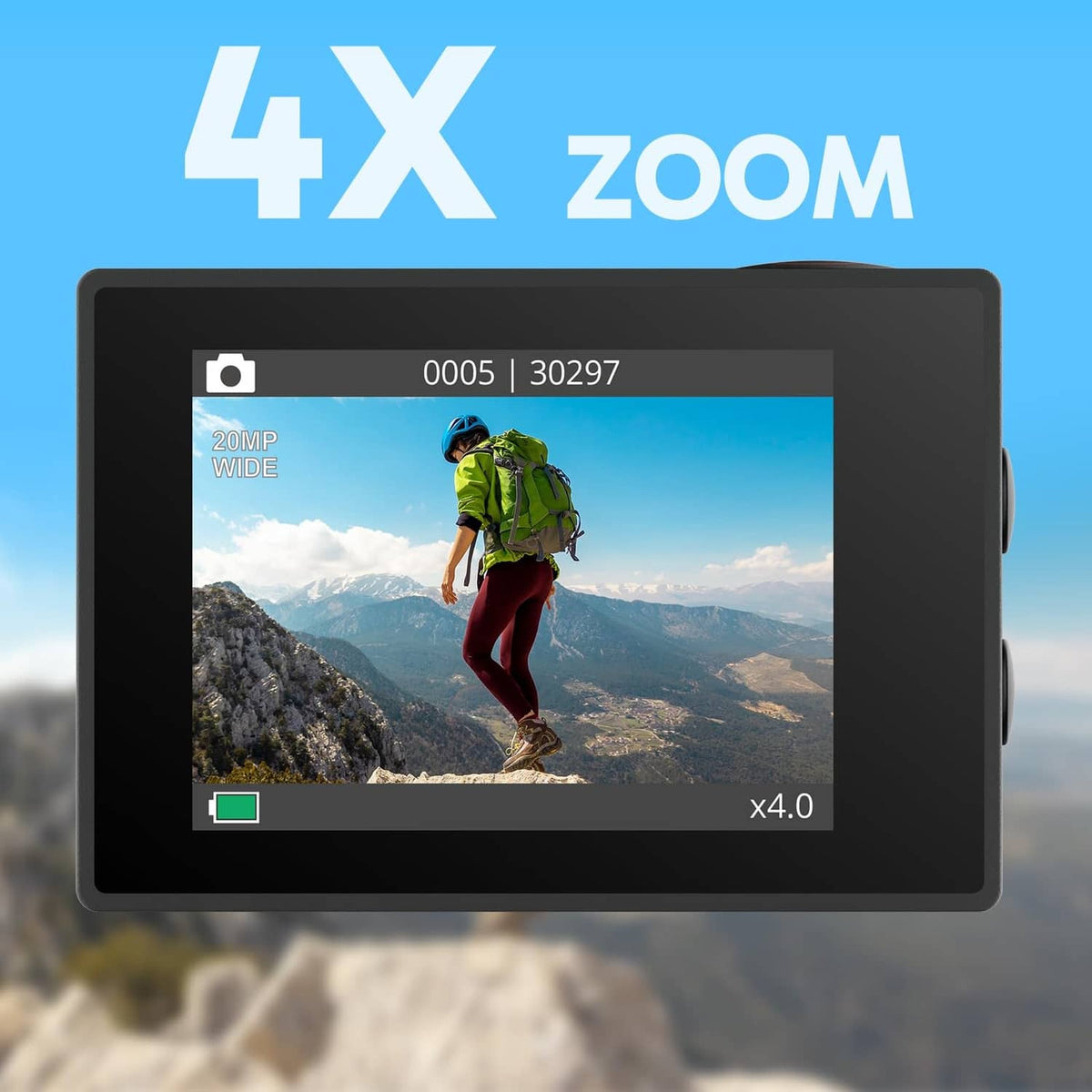 AKASO EK7000 action camera LCD screen with zoomed outdoor view