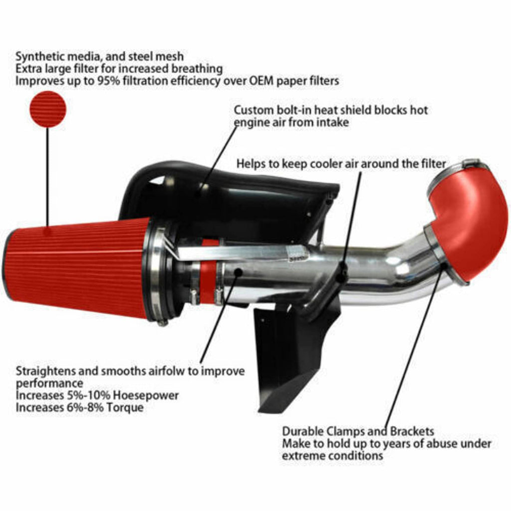 Cold air intake tube and red cone filter with black heat shield for airflow