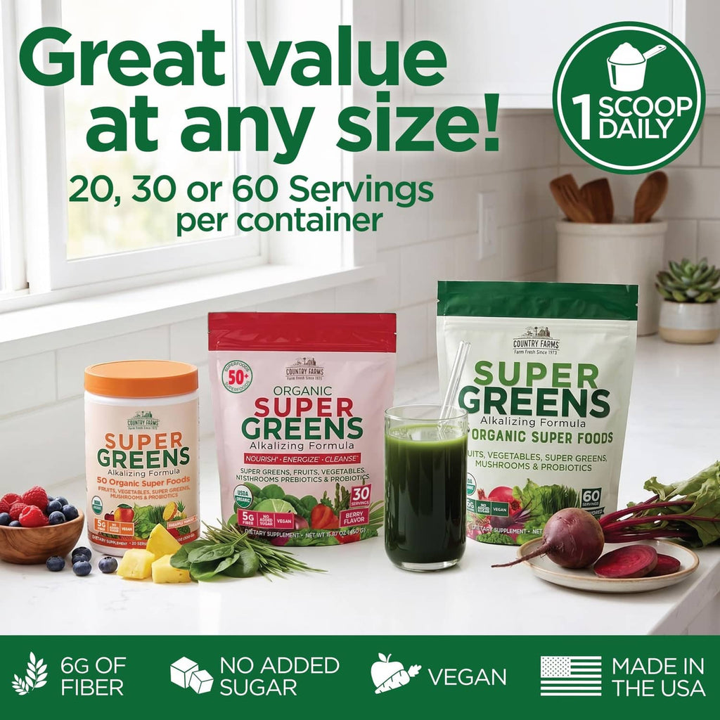 Super Greens containers on shelf, “Great value at any size” and vegan no sugar icons
