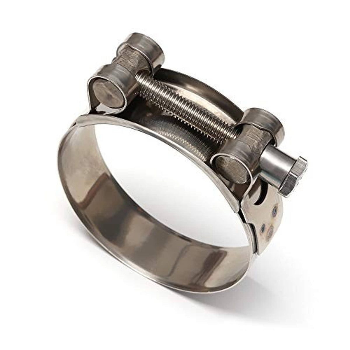Stainless steel T-bolt hose clamp, circular band with threaded screw and bolts