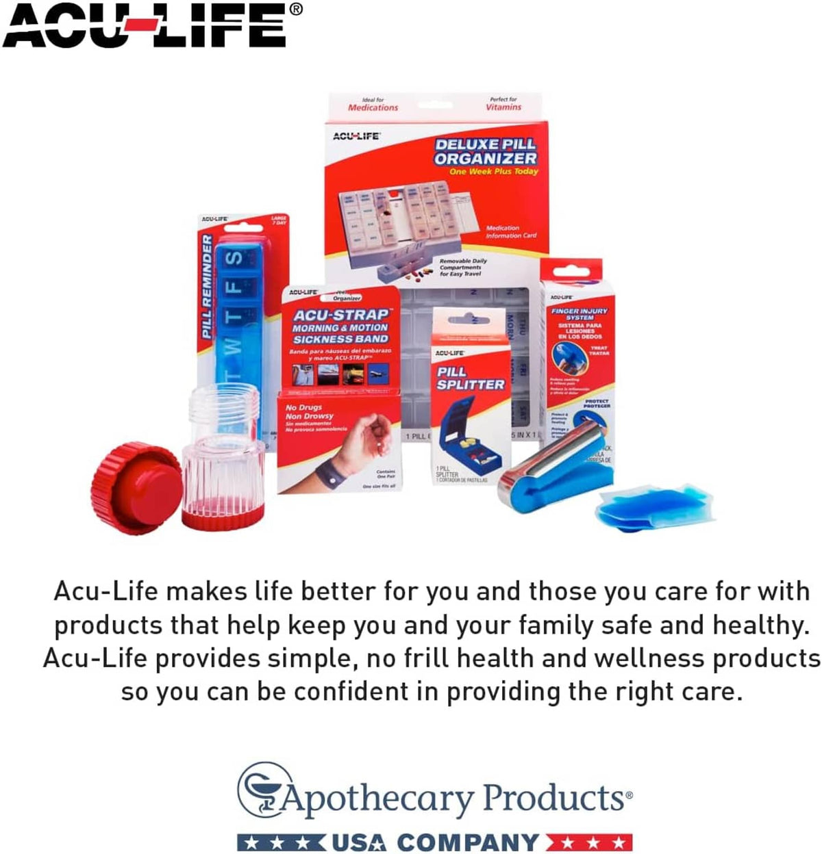 Pill crusher and container retail box featuring related health products