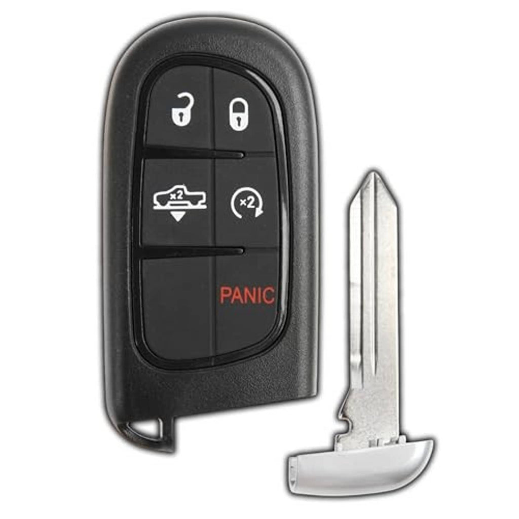 Black key fob with key blade and 5 buttons, red PANIC button