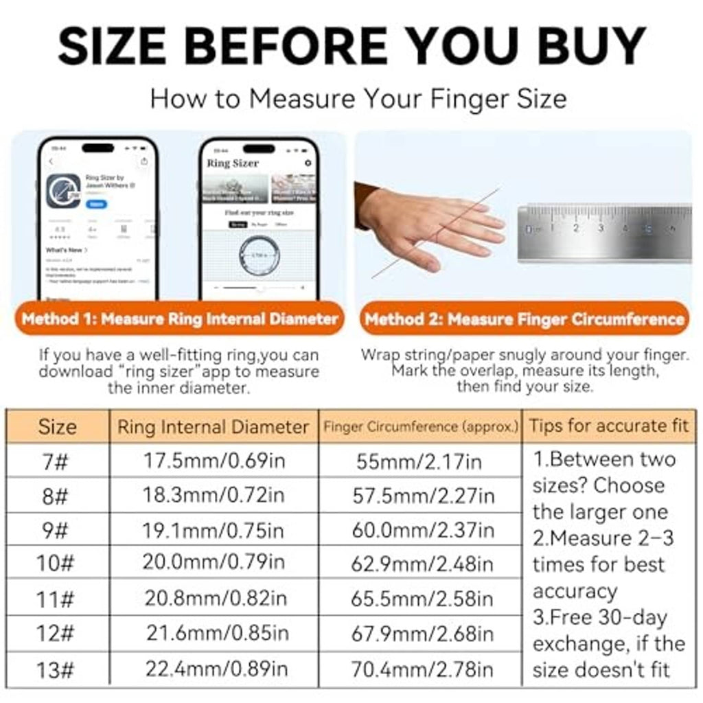 Ring size guide with measuring methods and internal diameter and circumference table