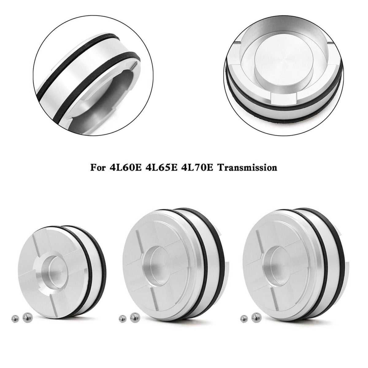 Forward accumulator piston kit parts: silver pistons with black O-ring seals