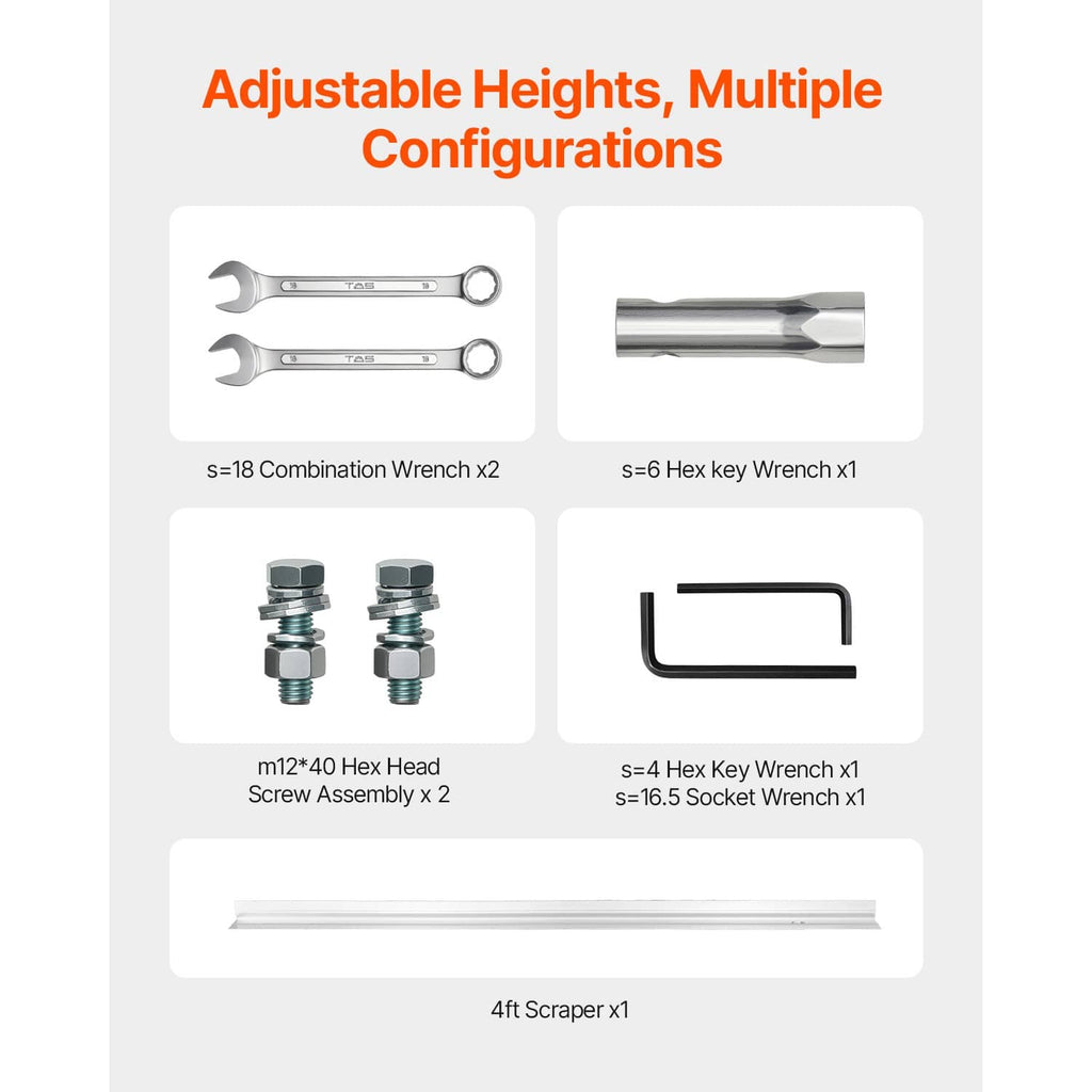 Concrete power screed kit with wrench, screw assemblies, and 4 ft scraper blade