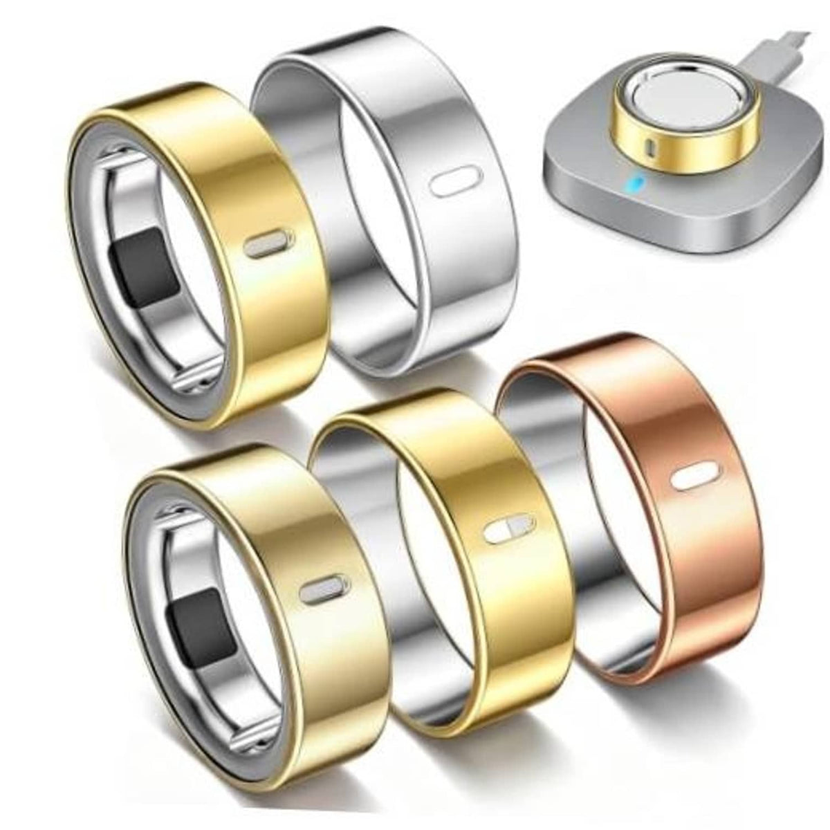 Set of TPU ring covers in gold, silver, and rose gold, showing side cutouts.