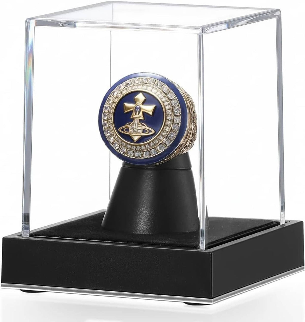 Clear acrylic single ring display case with blue center championship ring on black base