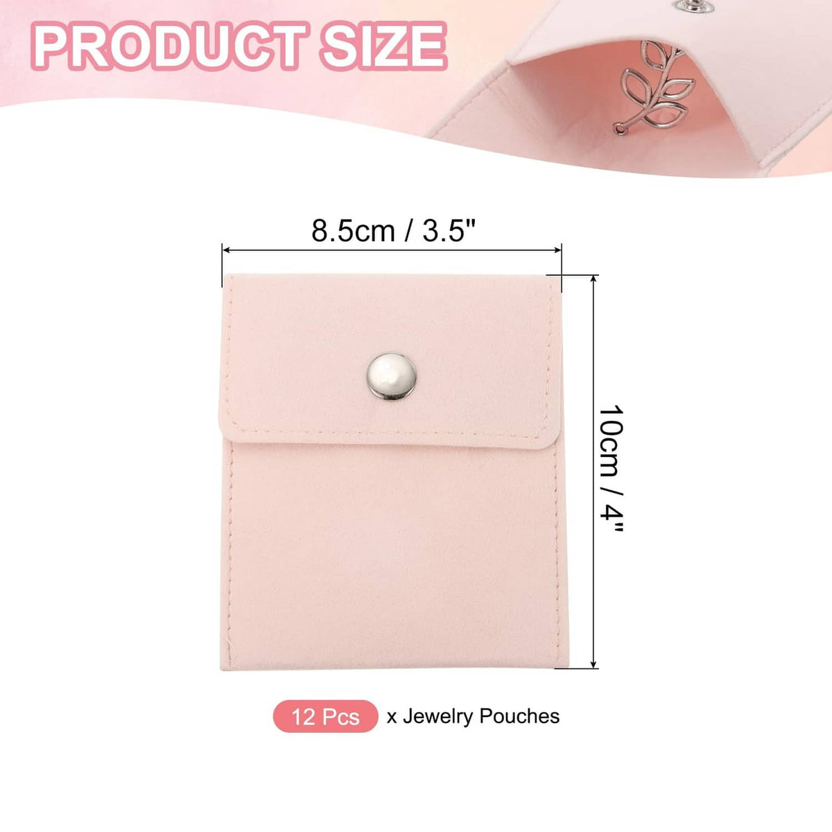 Pink velvet jewelry pouch with snap-button flap, 3.5 x 4 in size