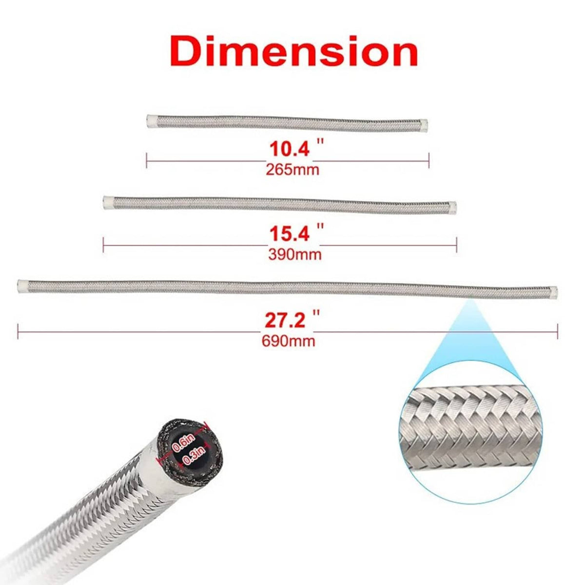 Braided stainless steel fuel line hoses with measured lengths
