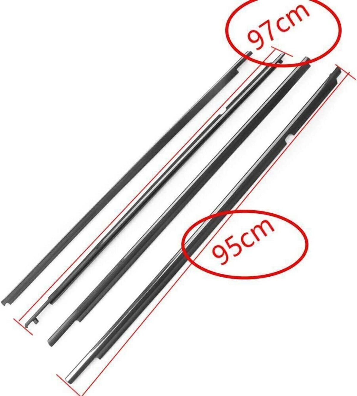 Black window weatherstrip seal trim strips with measured lengths (97cm, 95cm)
