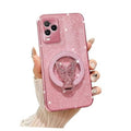 Rose gold glitter phone case with butterfly magnetic ring stand and cutouts for camera