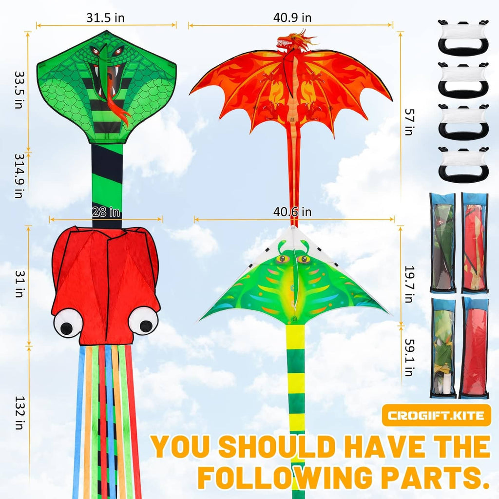Kite set parts layout with green snake, orange flame dragon, and red octopus kites