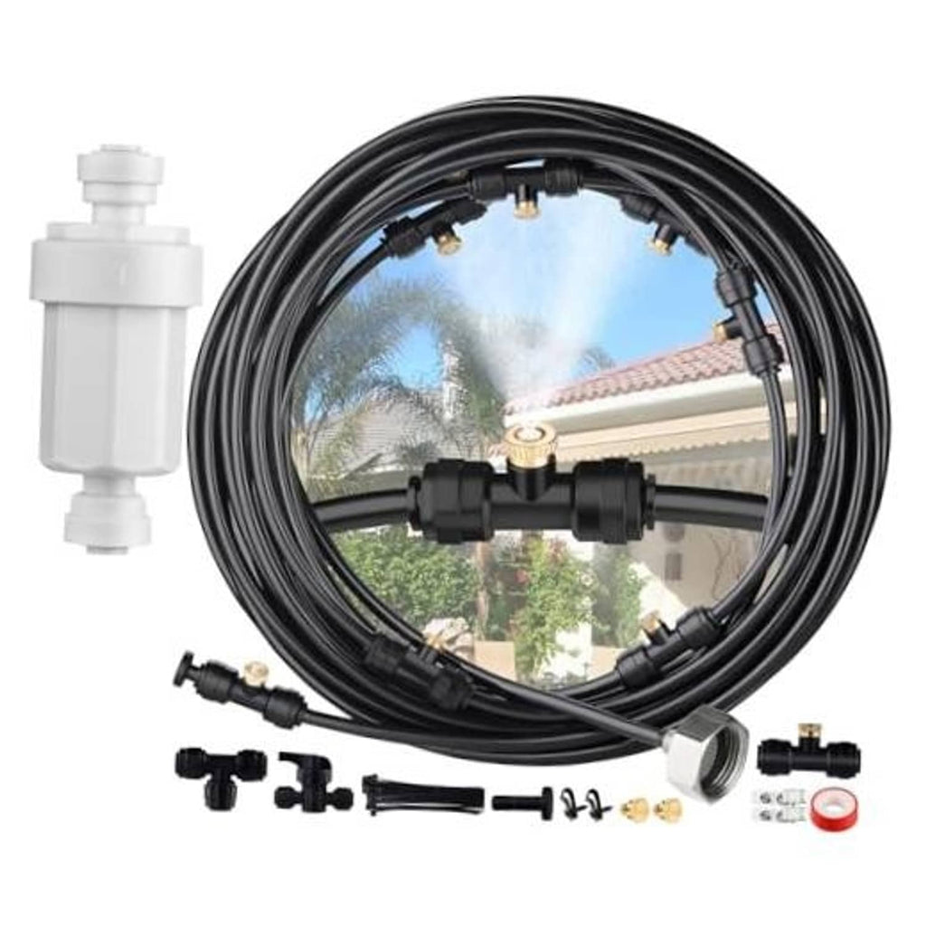 Outdoor patio misting system kit with black hose loop, brass fittings, and white filter