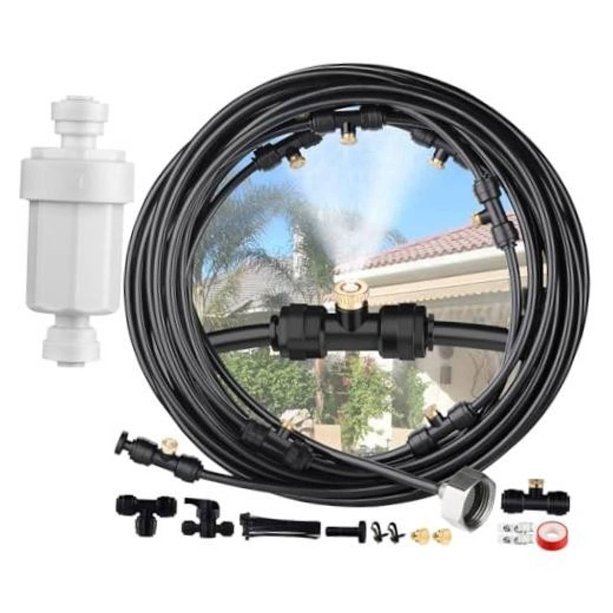 Outdoor patio misting system kit with black hose loop, brass fittings, and white filter