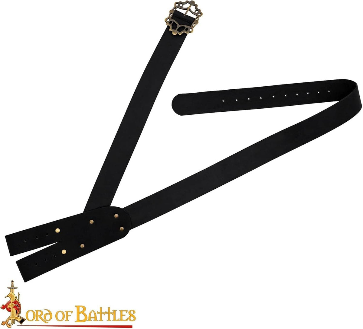 Black leather pirate sword baldric strap with decorative metal buckle and gold studs