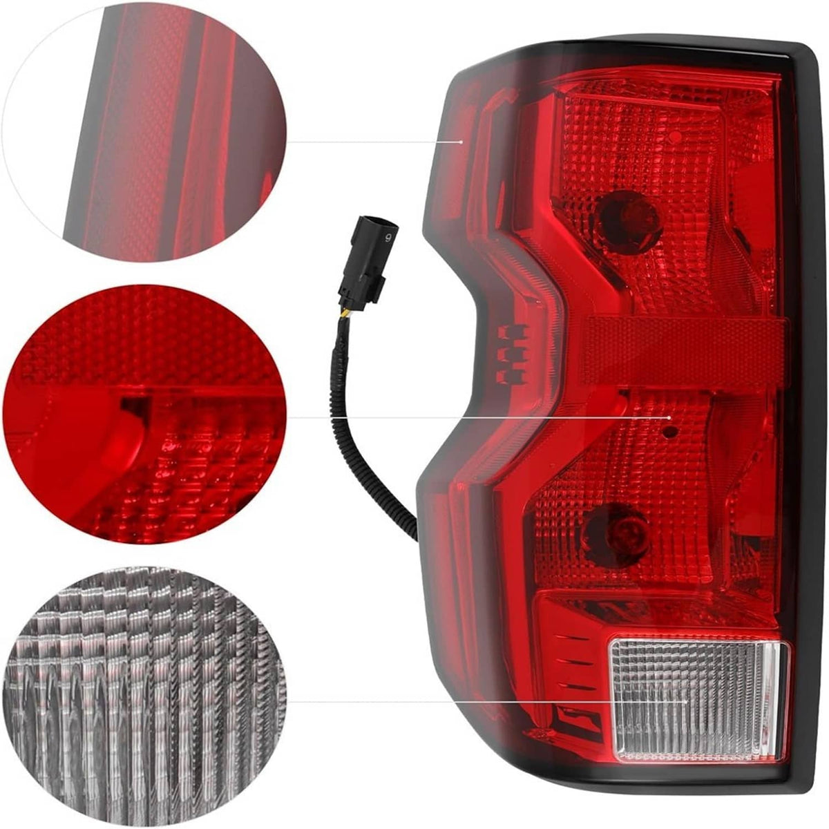 Left tail light with red and clear lenses; wiring and reflector texture close-ups