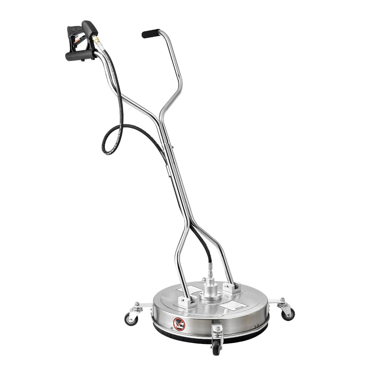 Pressure washer surface cleaner with round stainless deck, 4 caster wheels, dual handle