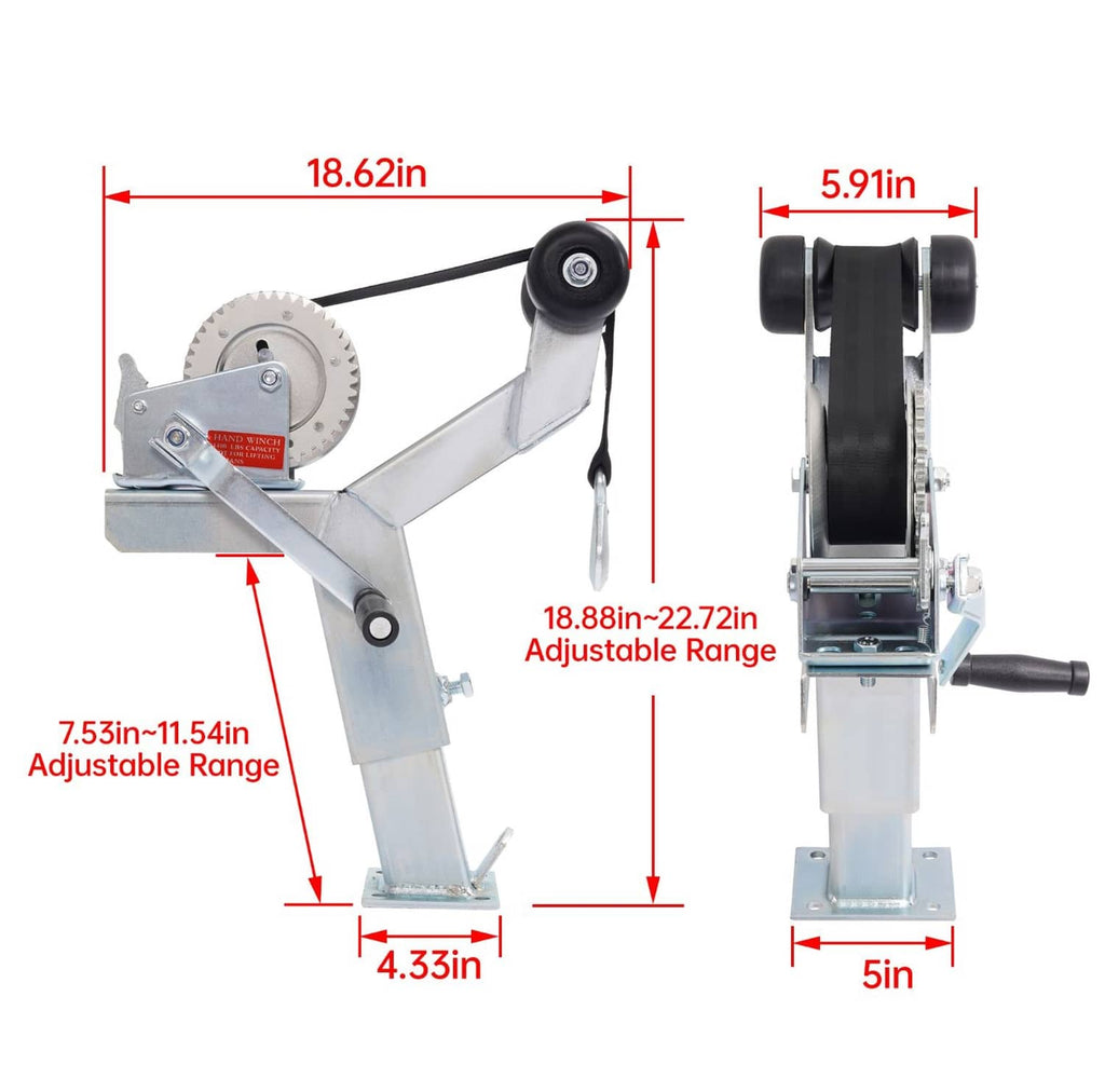 Adjustable winch stand with roller showing size dimensions and adjustable range markings.