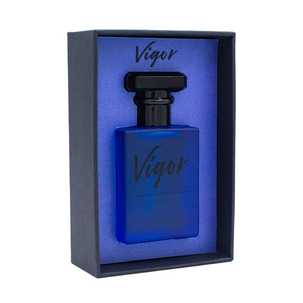 Vigor cologne gift box with blue insert and bottle, black cap