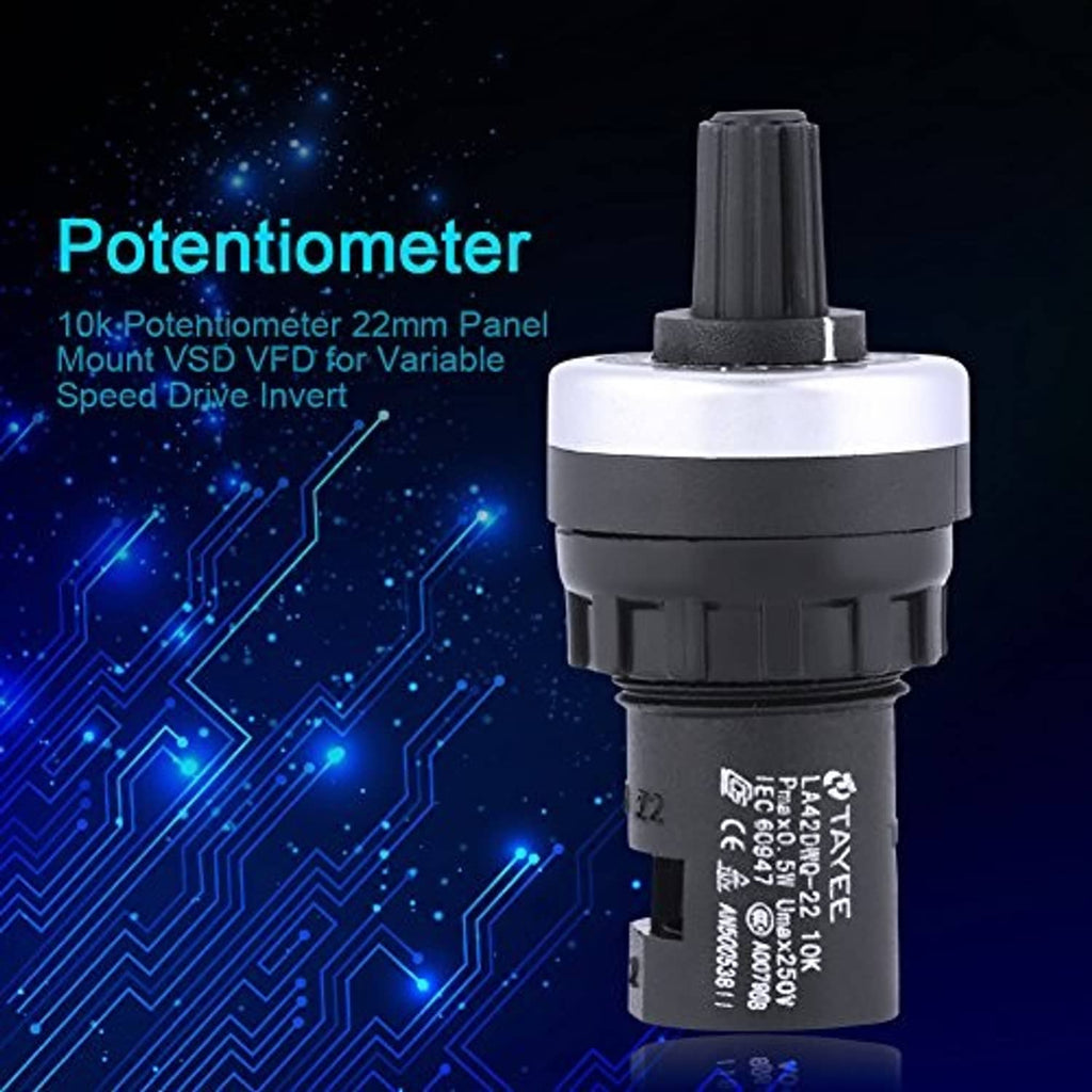 Panel-mount potentiometer with white top cap and black housing, shown from front