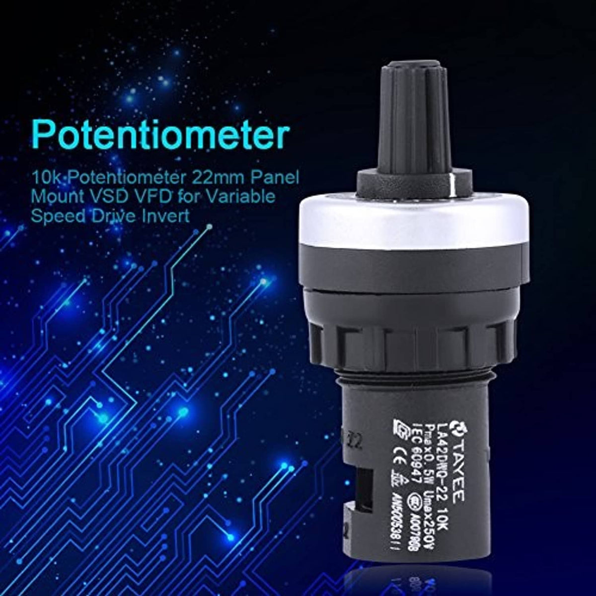 Panel-mount potentiometer with white top cap and black housing, shown from front