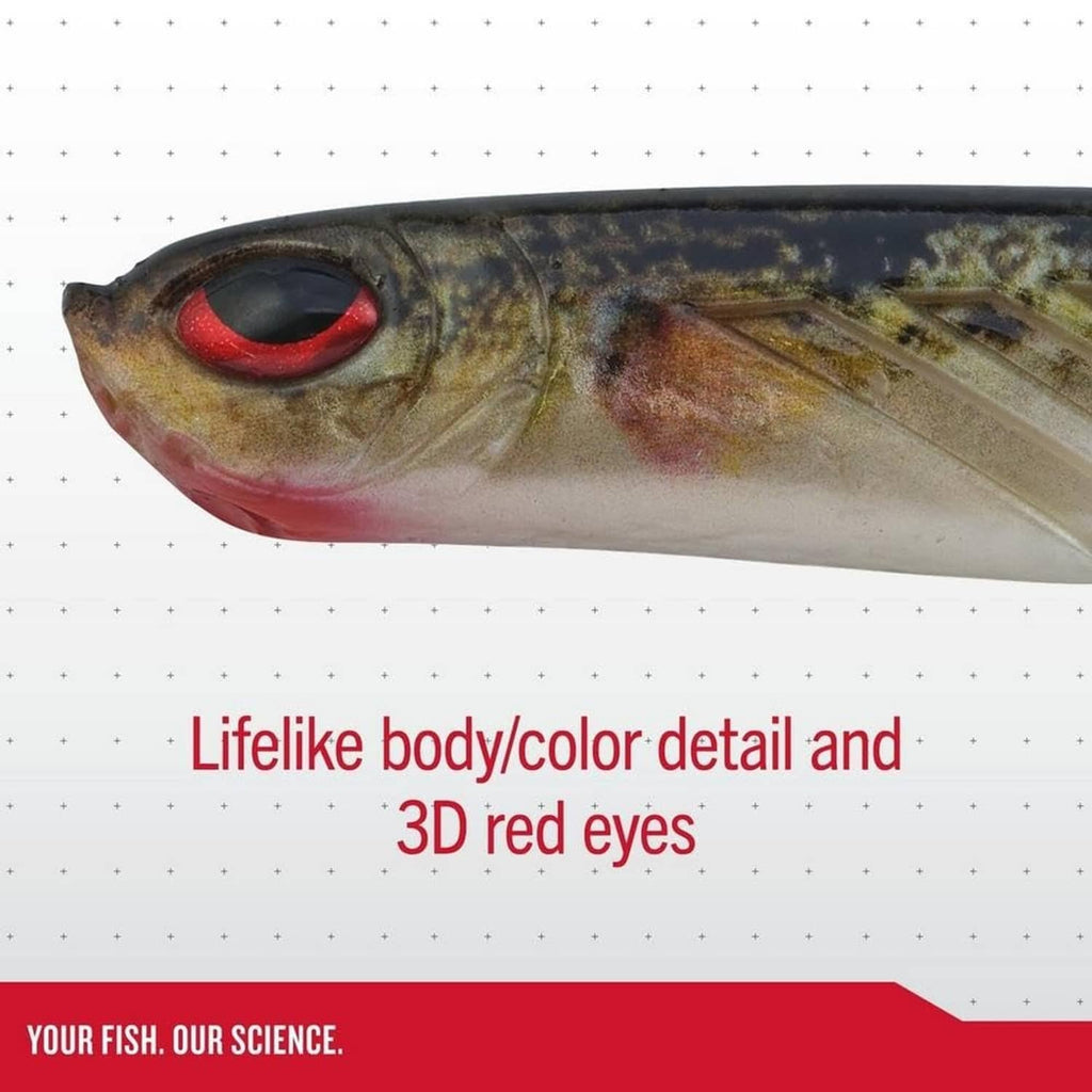 Close-up segmented fishing lure with red 3D eye in gray-green smelt color