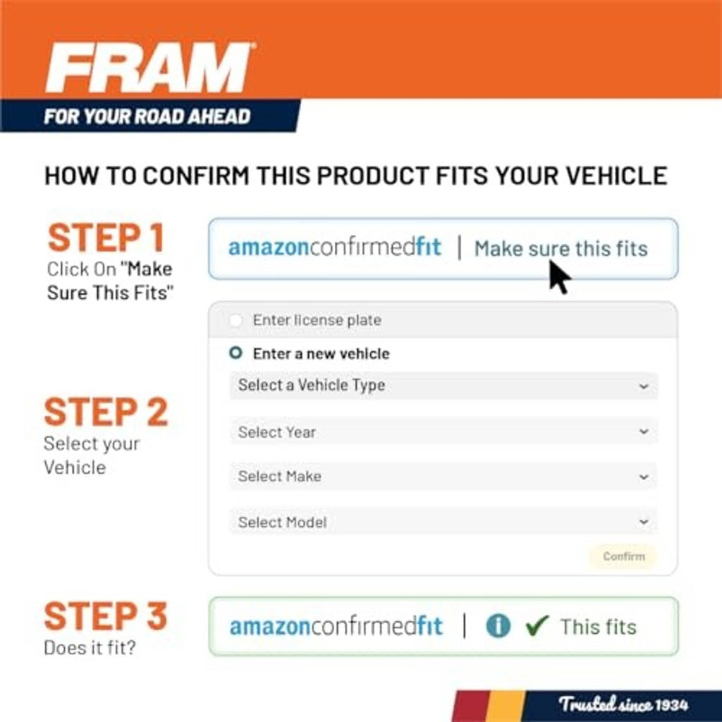 Fitment confirmation graphic for oil filter with step-by-step vehicle selection