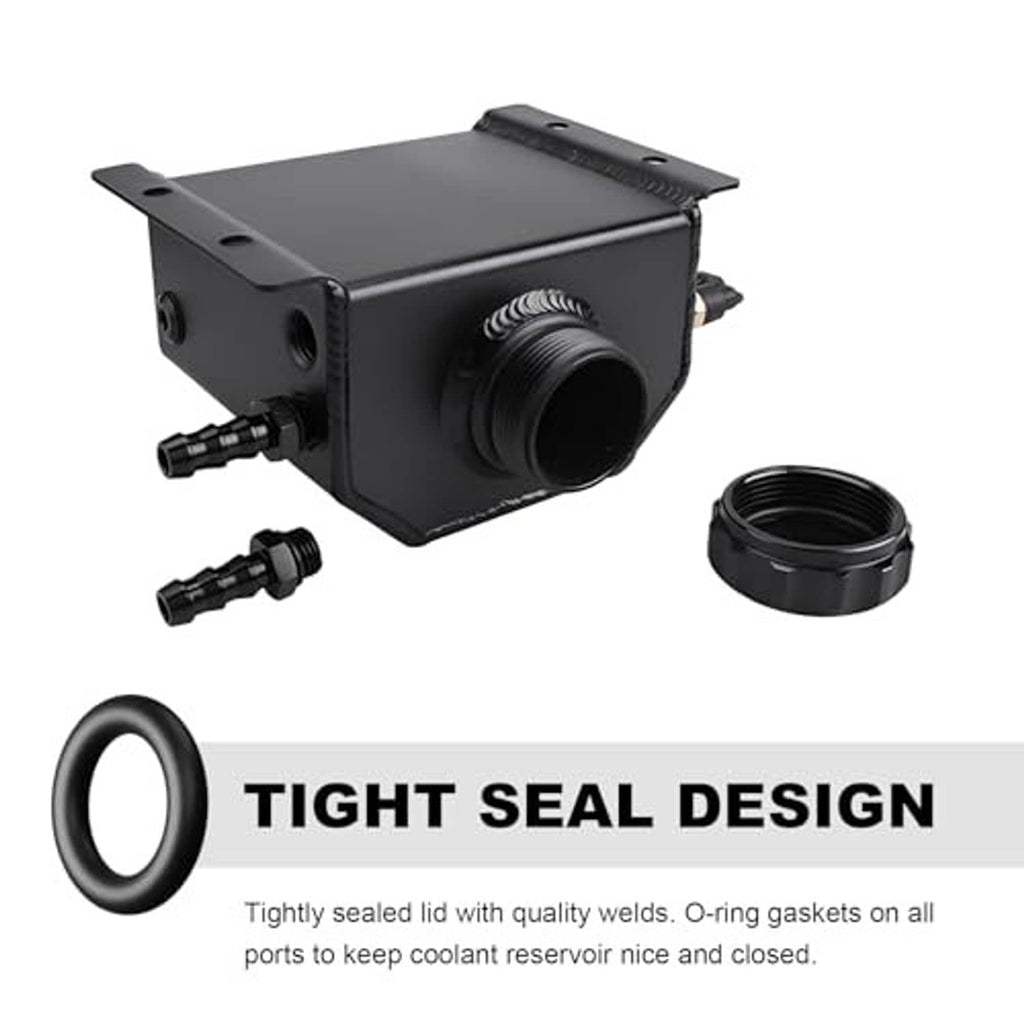 Black coolant overflow tank with threaded opening, hose ports, and round replacement cap