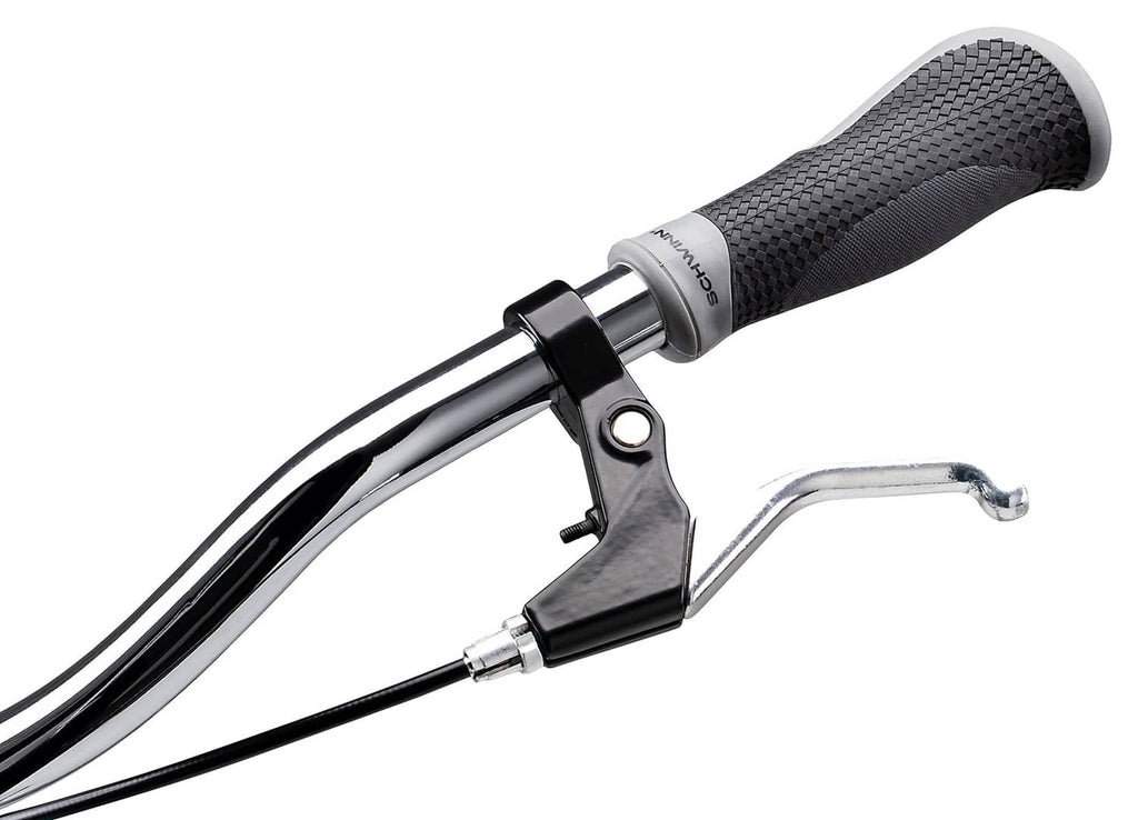 Bike handlebar grips with black textured surface and gray end rings, mounted