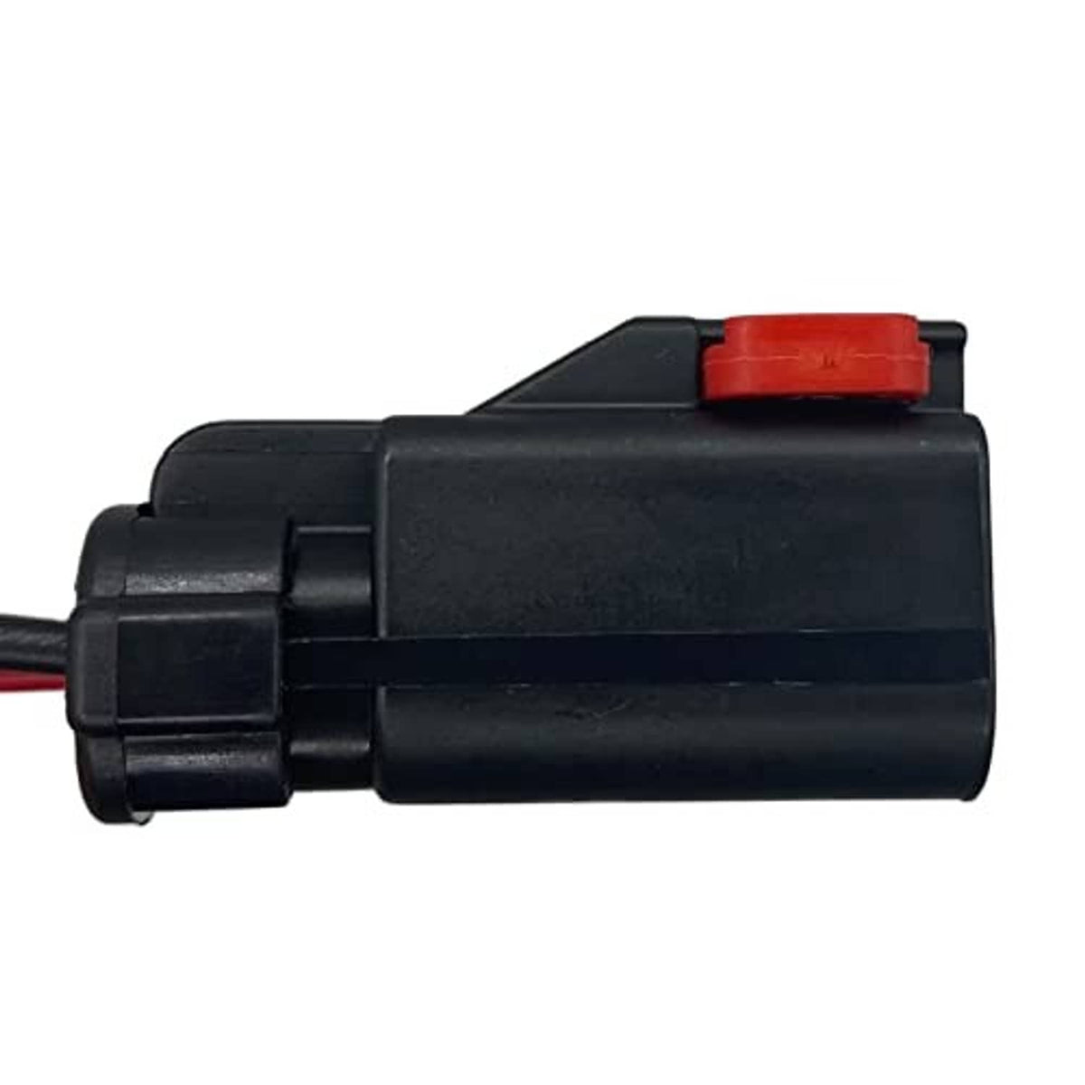 Camshaft sensor connector with red cap and black cylindrical housing, side view
