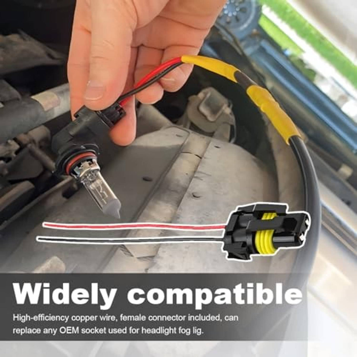 Headlight wiring harness connector with red/black wires and yellow terminal, installation view
