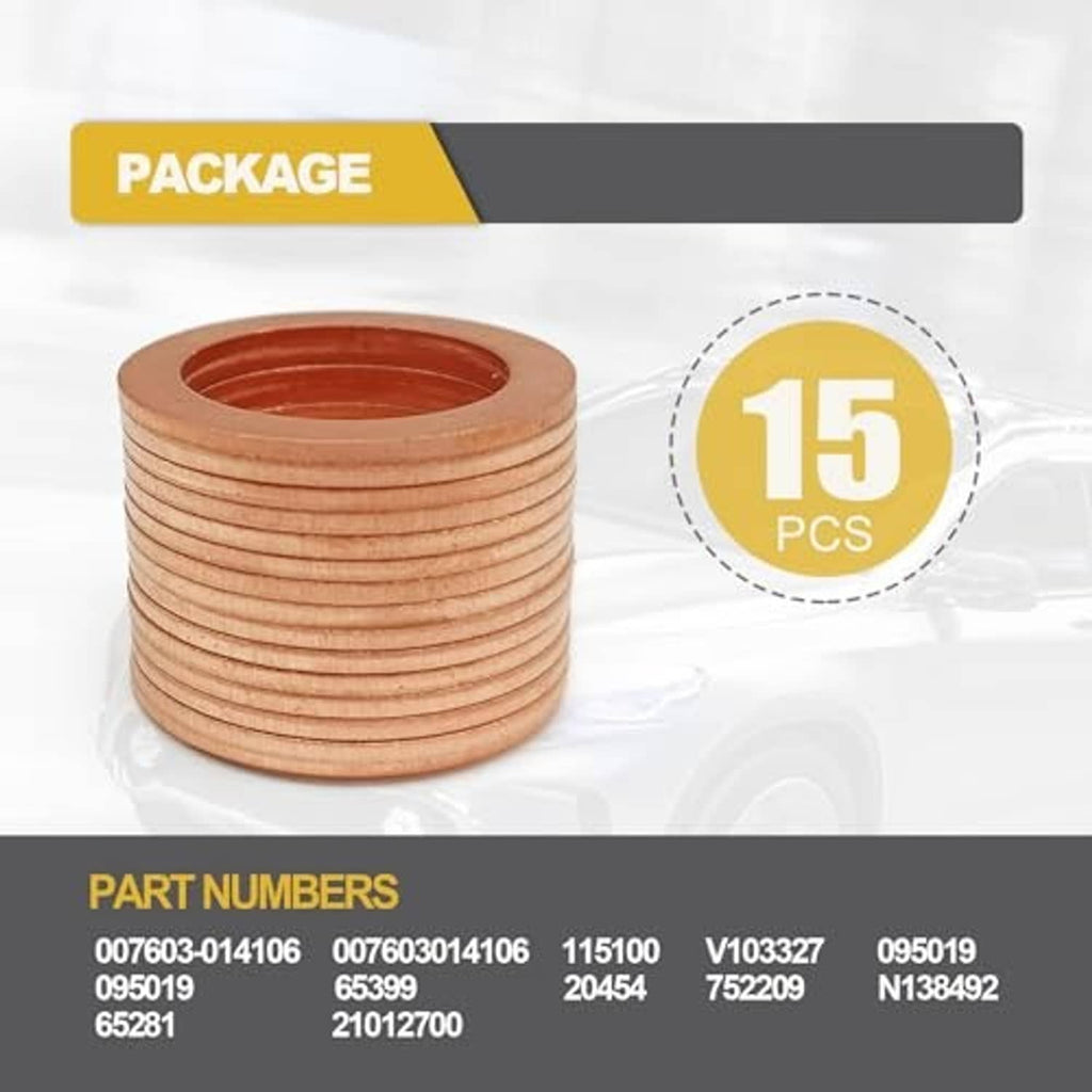 Stack of 15 copper oil drain plug gasket washers, round rings with center holes