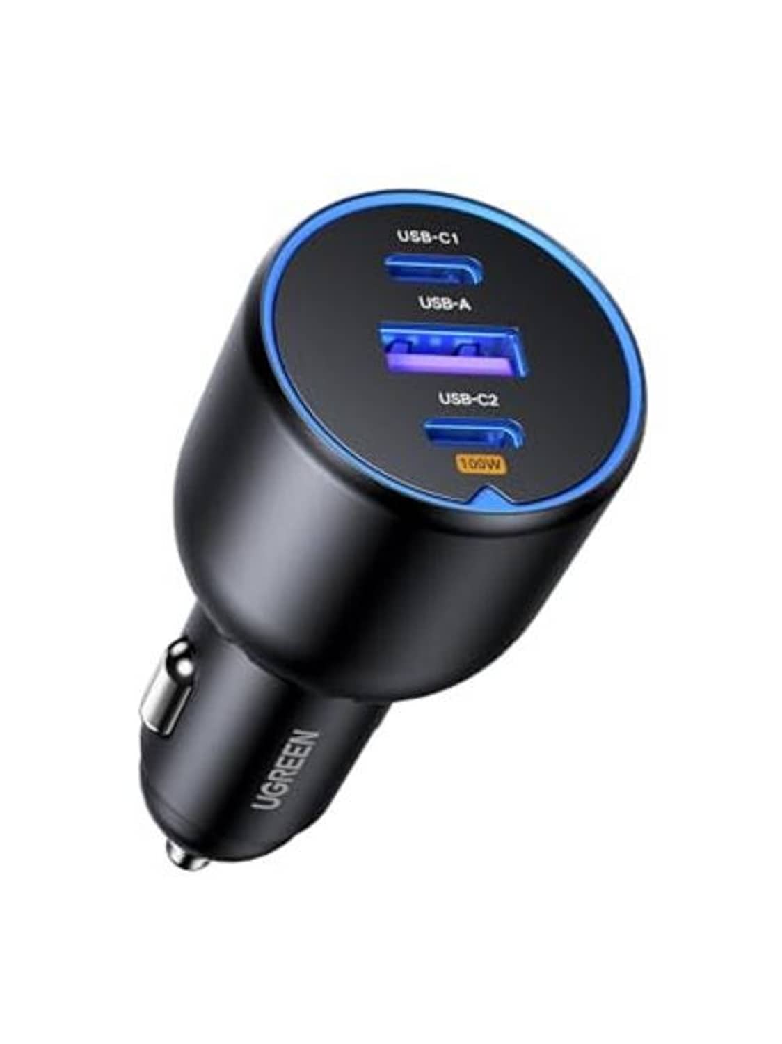 Black car USB-C charger with blue-lit ring, USB-C and USB-A ports visible