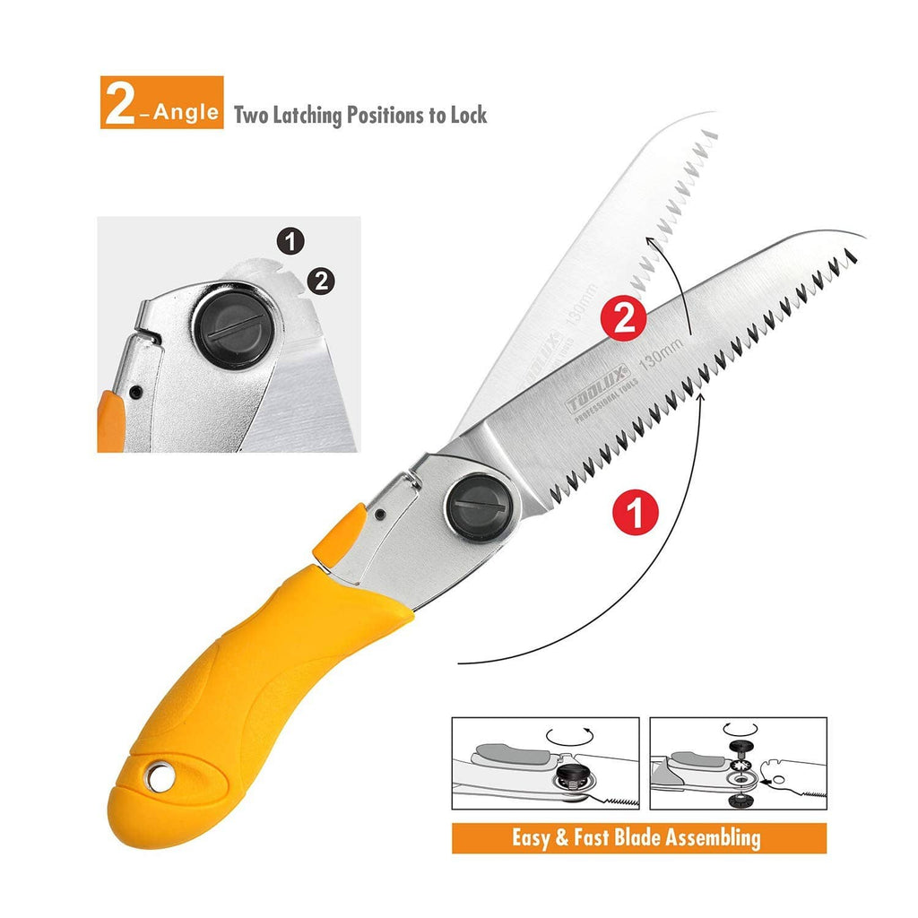 Folding pruning hand saw with yellow handle and silver blade, double-lock design