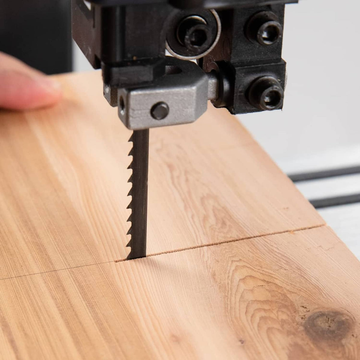 Band saw blade trimming wood with guide assembly