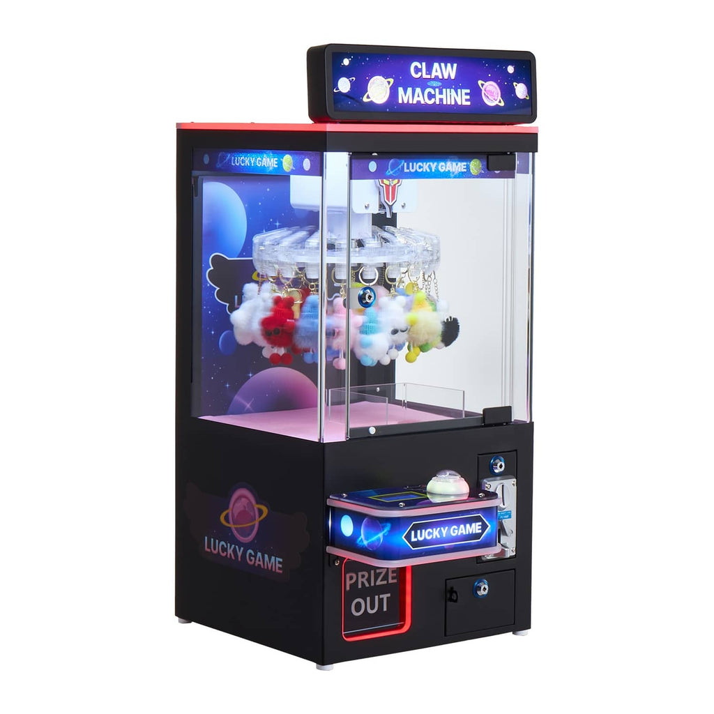 Claw crane arcade prize machine with glass front and stuffed prizes inside, Prize Out light