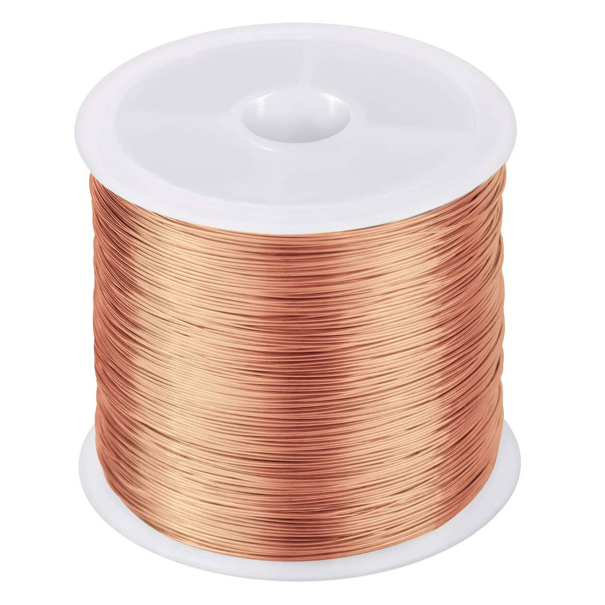 Rose gold jewelry wire spool with tightly wound copper wire on white reel