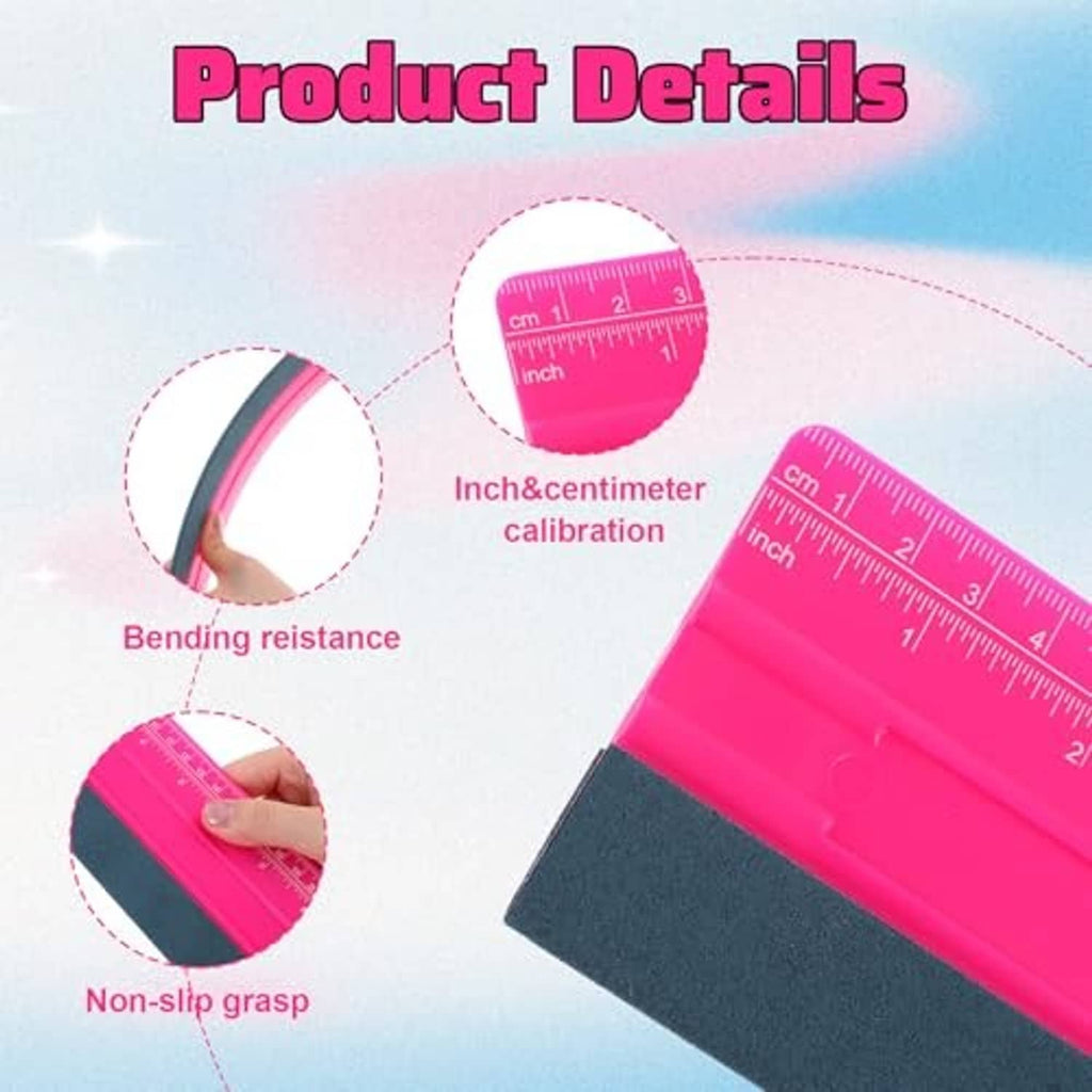 Pink vinyl squeegee with dark felt edge and inch/centimeter calibration ruler