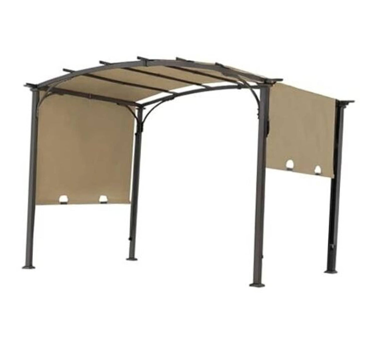 Beige pergola replacement cover with black metal frame and arched roof panels