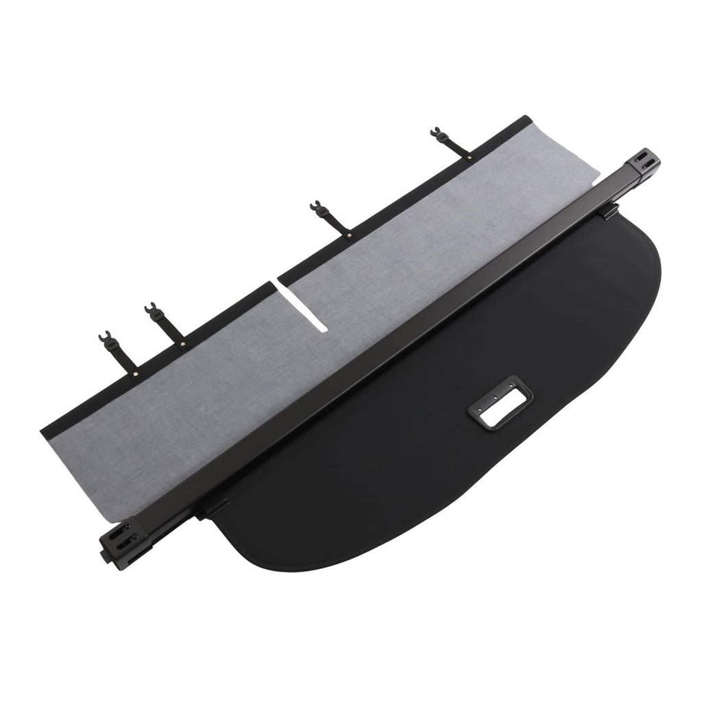 Rear trunk security shade cargo cover top view with gray fabric and black end section